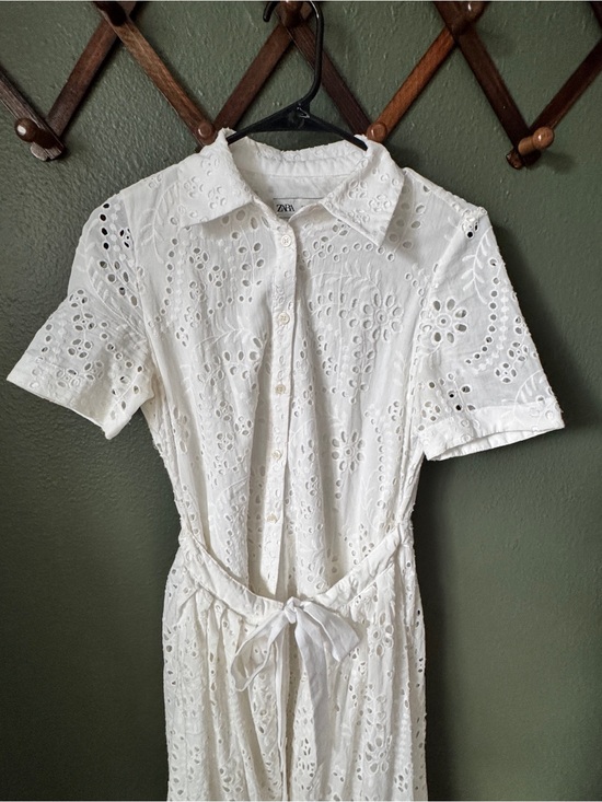 Zara Dresses & Skirts - Zara White Eyelet Midi Shirt Dress with Tie